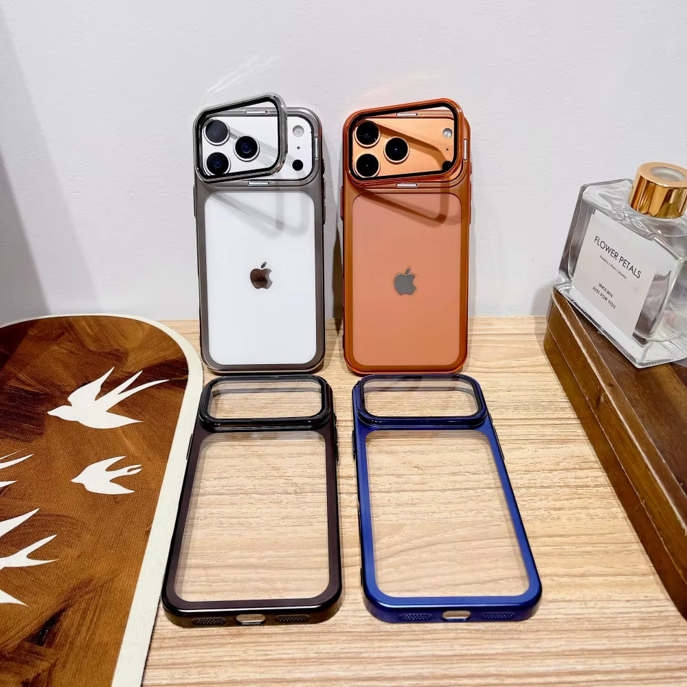 Plating Fold Glass Camera Stand Holder Phone Case for Iphone 17 17Pro 17Air 17 Pro Max Ultra Thin Transparent Shockproof Cover