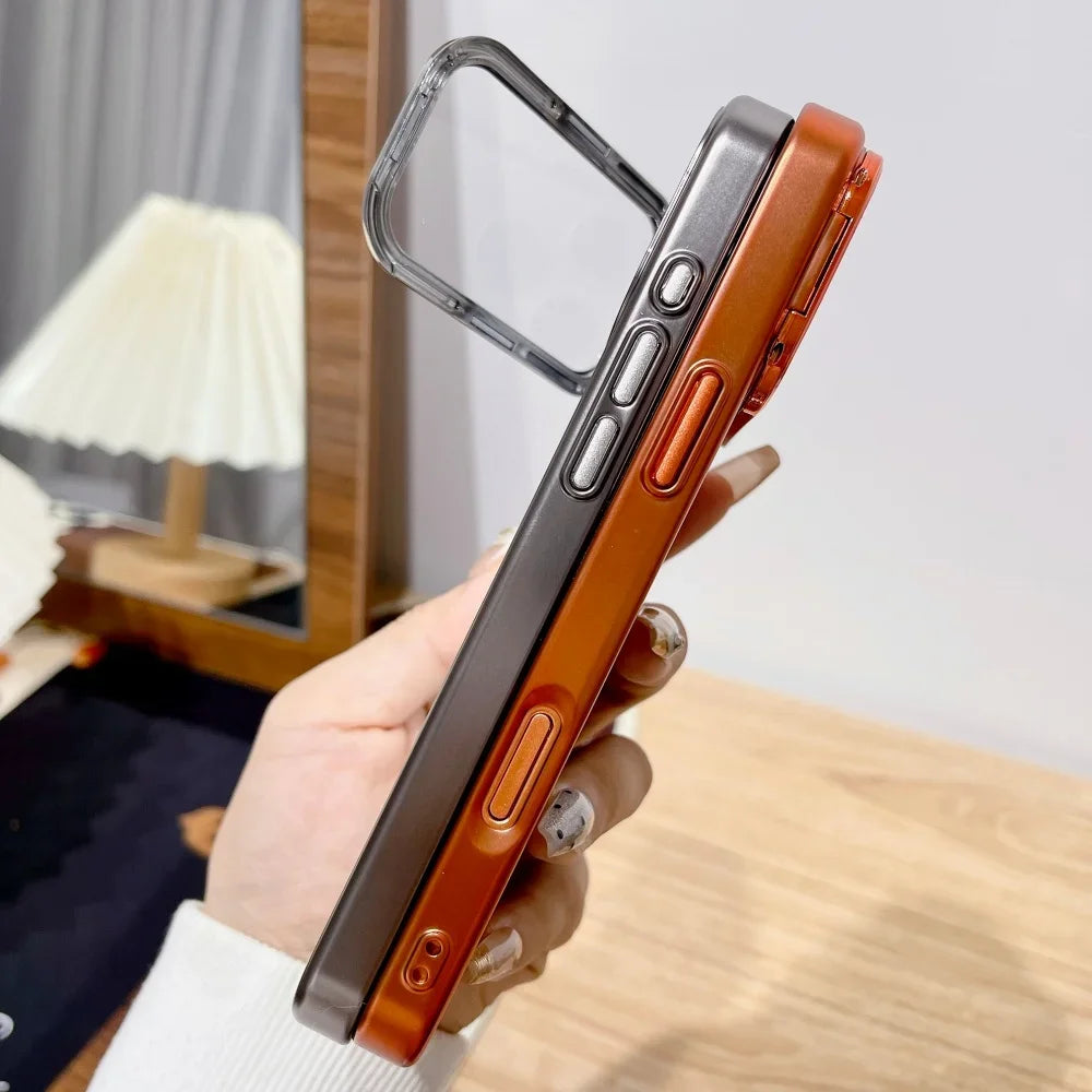 Plating Fold Glass Camera Stand Holder Phone Case for Iphone 17 17Pro 17Air 17 Pro Max Ultra Thin Transparent Shockproof Cover